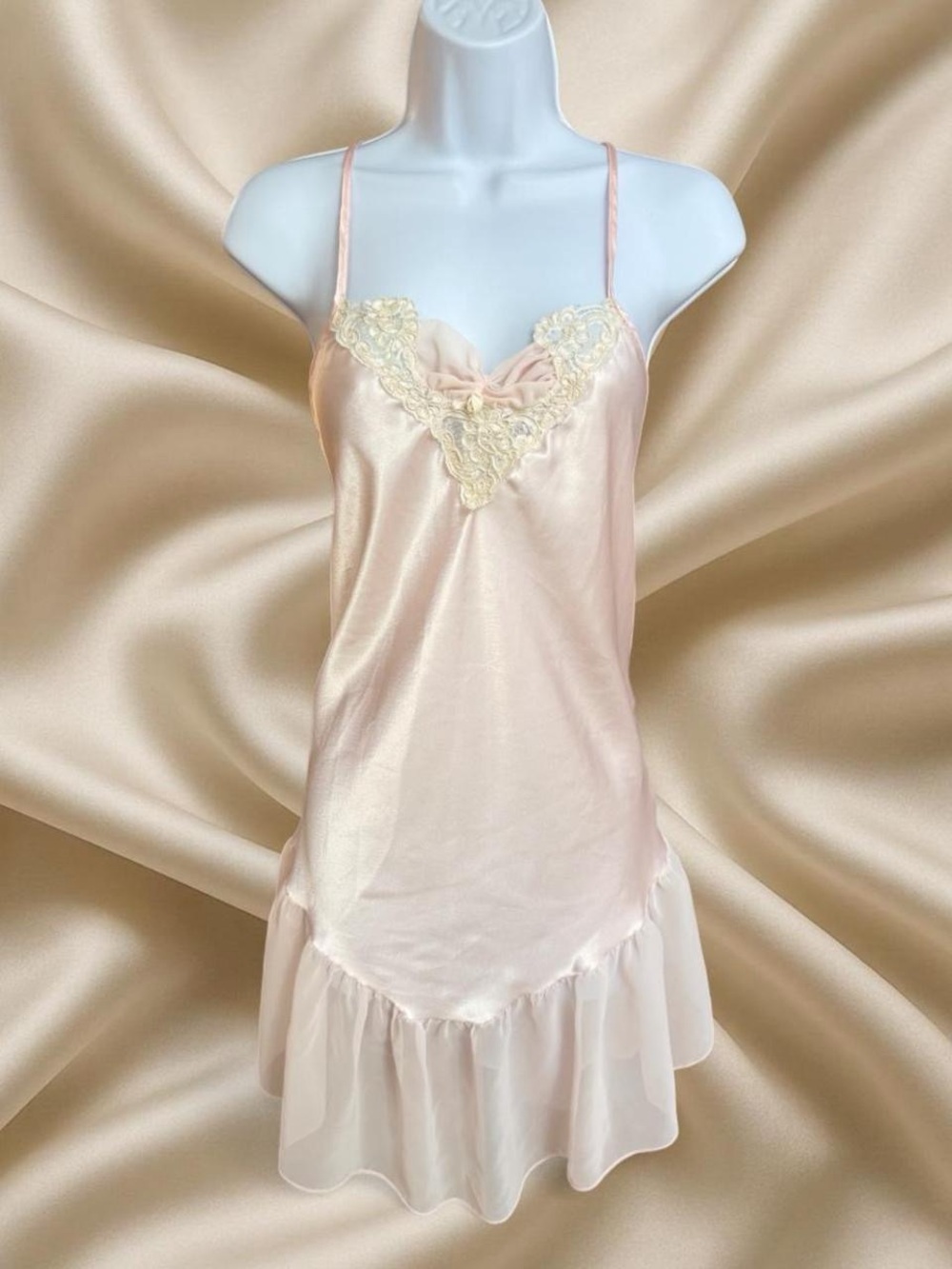 Vintage Rose Silky Pink Lace-Trim Slip Dress Fairy Coquette Lingerie